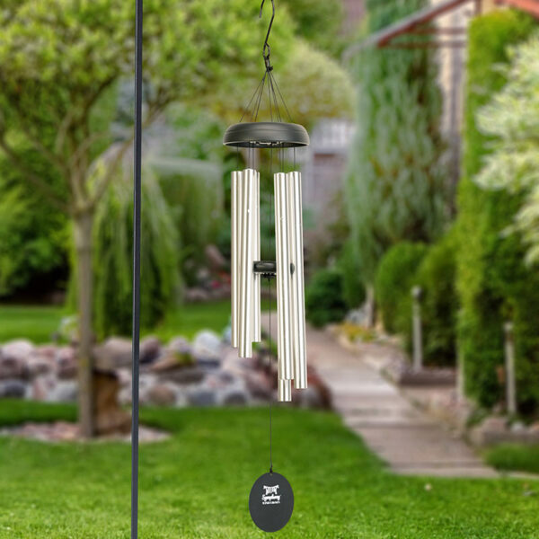 Symphony Silver Solar Light Wind Chime with Black Accents in use by day