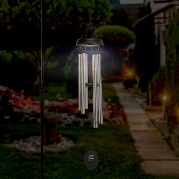 Symphony Silver Solar Light Wind Chime with Black Accents by night