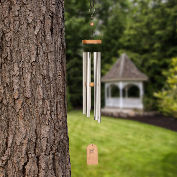 The Symphony Wood & Aluminium Wind Chime with Silver Finish, size 68cm in use