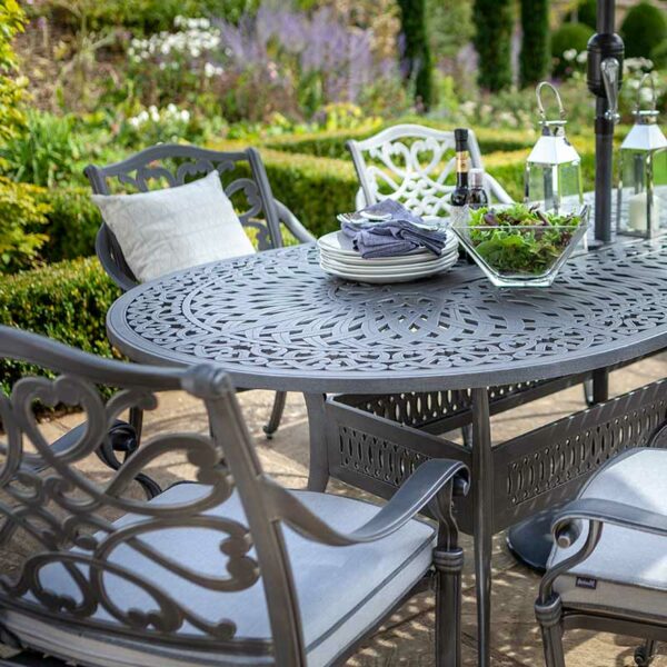 Tabletop detail of Hartman Capri Oval dining Set in Antique Grey