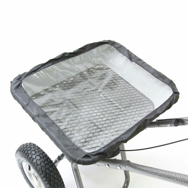 A top view of the Handy Broadcast Spreader showing the transparent elastic cover that fits around the top of the seed basket.