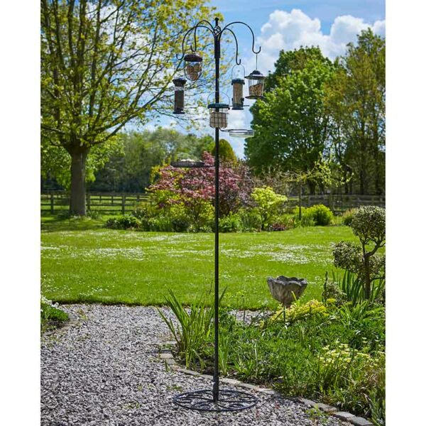 The Tom Chambers Bird Station Patio Base in use with feeders