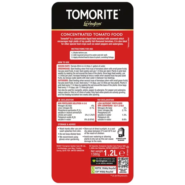 Levington Tomorite Concentrated Tomato Food back of pack