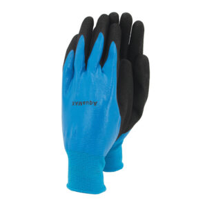 A pair of blue waterproof gloves with black fingers and palms.