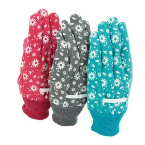 A set of three gardening gloves. One pair is red, one grey and one cyan. They all have a sunflower pattern.