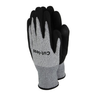 A pair of silvery-white gardening gloves with a black coating on the palm and fingers.