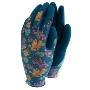 A pair of plumage patterned teal gardening gloves with teal latex fingers and palms.