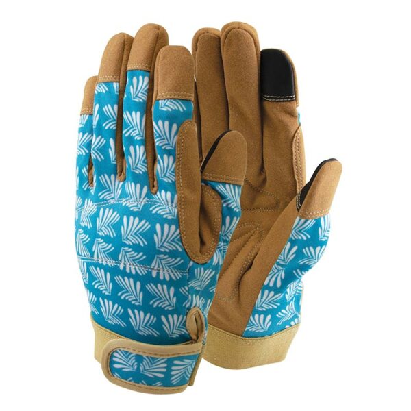 A pair of blue, faux-leather patterned gardening gloves.