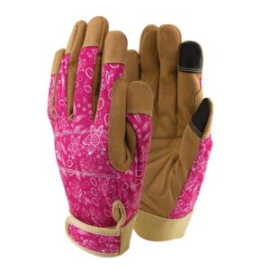 A pair of pink, faux-leather patterned gardening gloves.