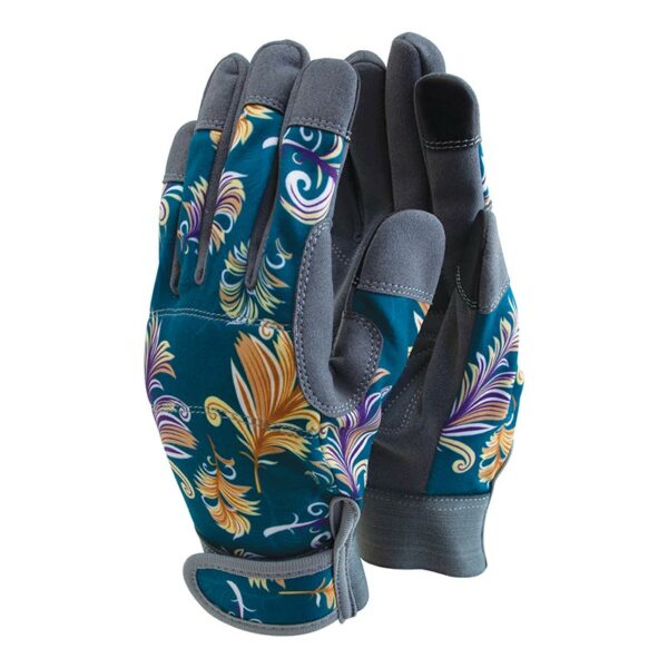 A pair of teal, faux-leather patterned gardening gloves.