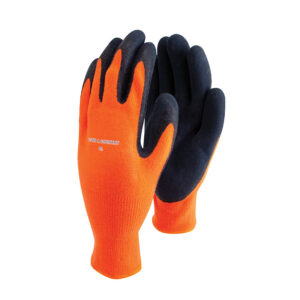 A bright orange and black pair of Town & Country MasterGRIP Thermolite Gloves. The black is on the palm and fingers.