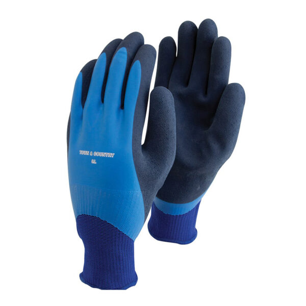 A blue pair of gardening gloves with a greyish-blue latex layer on the palm and fingers.