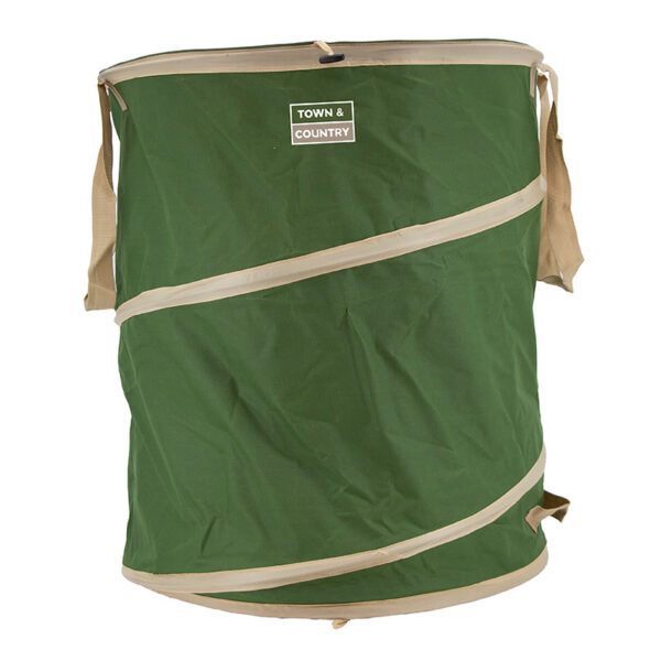 A large green and cream trimmed pop-up gardening tidy bag for collecting garden waste. It has cream handles and a spring that provides the shape.