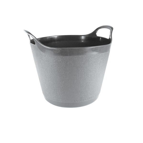 A medium, grey, 25 litre, round, garden tub. It has two integrated handles and a flexible shape.