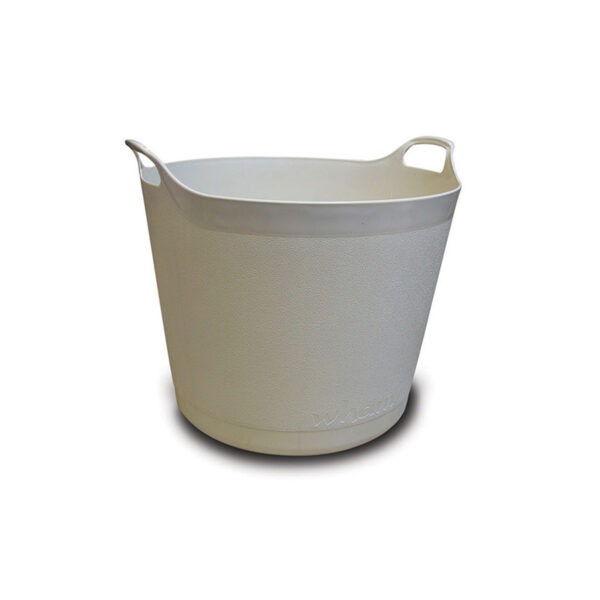 A medium, stone, 25 litre, round, garden tub. It has two integrated handles and a flexible shape.