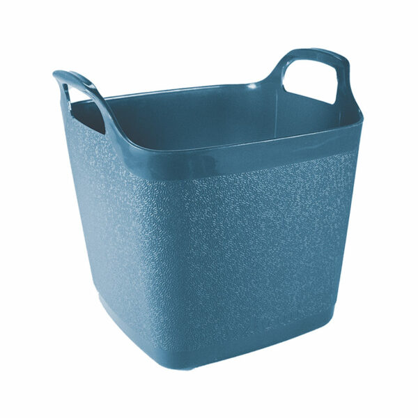 A small, blue, 15 litre, square, garden tub. It has two integrated handles and a flexible shape.