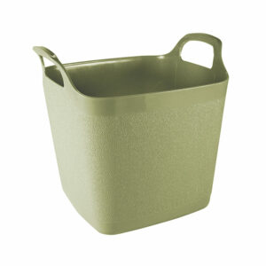 A small, green, 15 litre, square, garden tub. It has two integrated handles and a flexible shape.