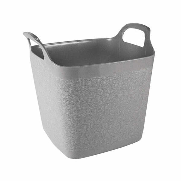A small, grey, 15 litre, square, garden tub. It has two integrated handles and a flexible shape.