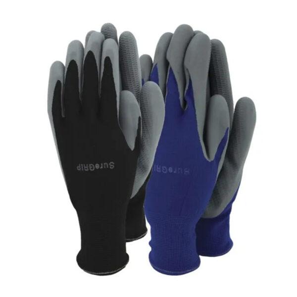 A set of two gardening gloves. One pair is black, the other is blue.