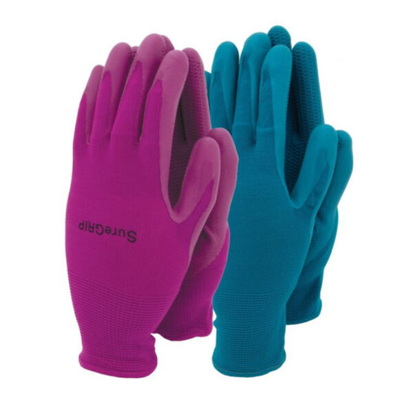 A set of two gardening gloves. One pair is pink, the other is cyan.