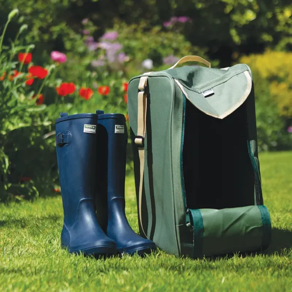 Town & Country Wellington Boot Bag unpacked next to boots