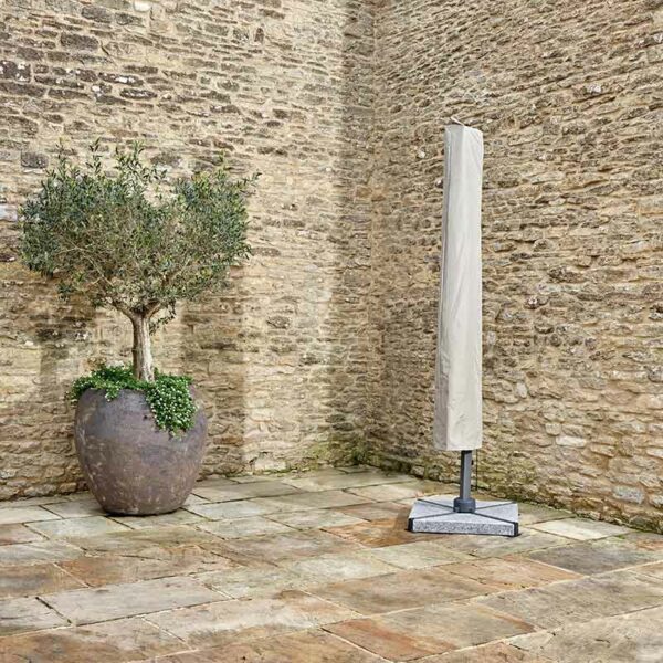 Truro Sand 3m Square Side Post Parasol shown with cover on