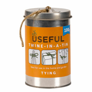A small 100g tin of gardening twine with a large paper wrapped label.