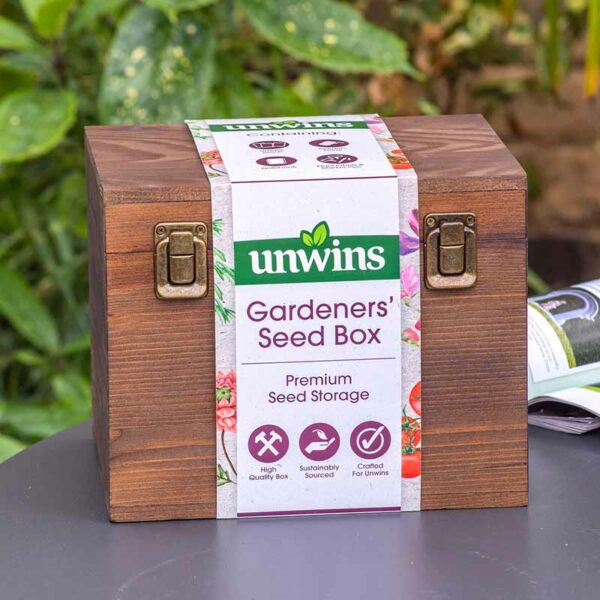 A closed Unwins Gardeners' Seed Box wrapped in its packaging sleeve.