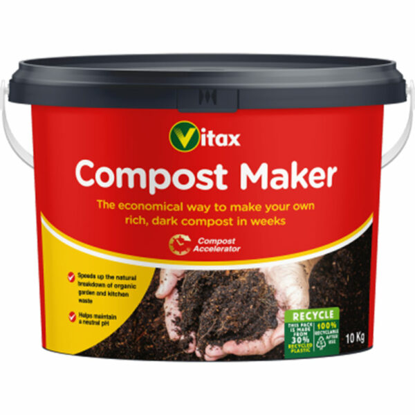 A 10kg red tub of Vitax Compost Maker.
