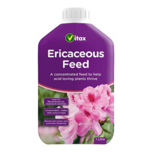 A 1 litre, purple bottle of Vitax Liquid Ericaceous Feed.