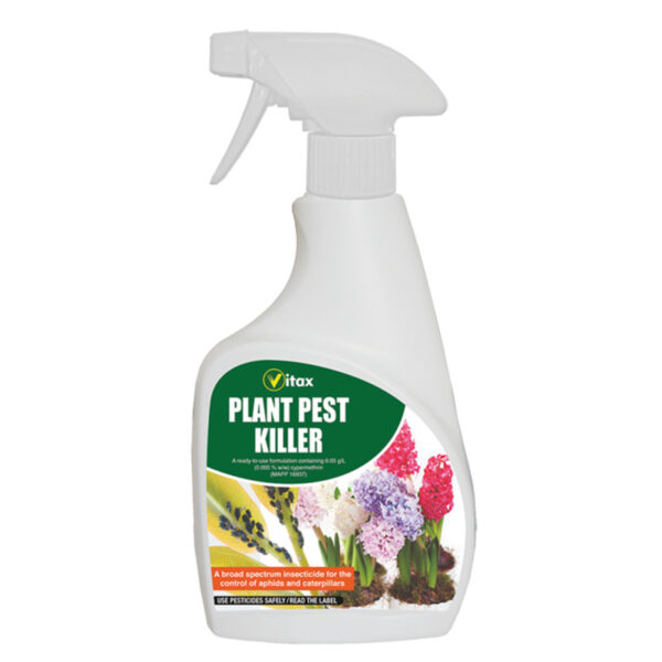 A white, 300ml, squeeze spray bottle of Vitax Plant Pest Killer Spray.