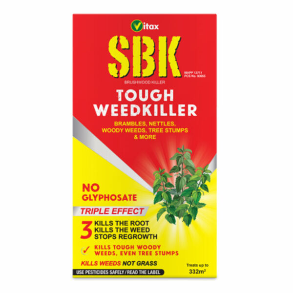 A carton of Vitax SBK Brushwood Killer Tough Weedkiller containing a 1 litre bottle.