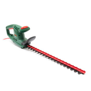 A Webb Classic 500W 51cm (20") Hedge Trimmer. The body is green with a long red blade.