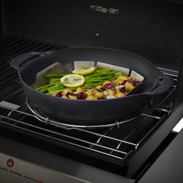 Weber Crafted Wok Set with Steaming Rack in use on gas barbecue steaming veg