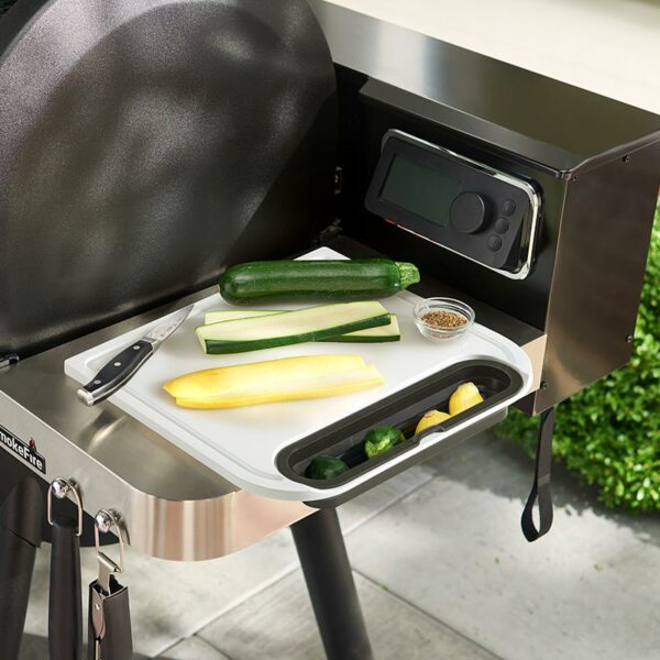 Weber Cutting Board with Catch Bin in use with Smokefire BBQ
