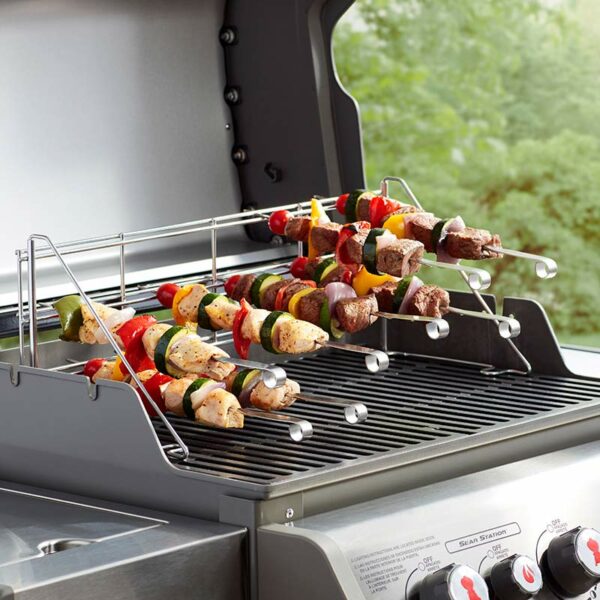 Weber Elevations Tiered Grilling System lifestyle mixed kebabs