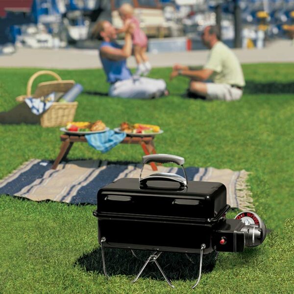 Weber Go Anywhere Portable Gas Barbecue in use in park
