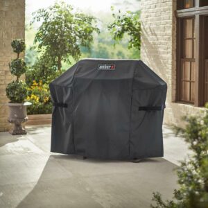 Weber Premium Barbecue Cover for Spirit 300, Spirit II 300 and Spirit 200 Series in situ with table folded down