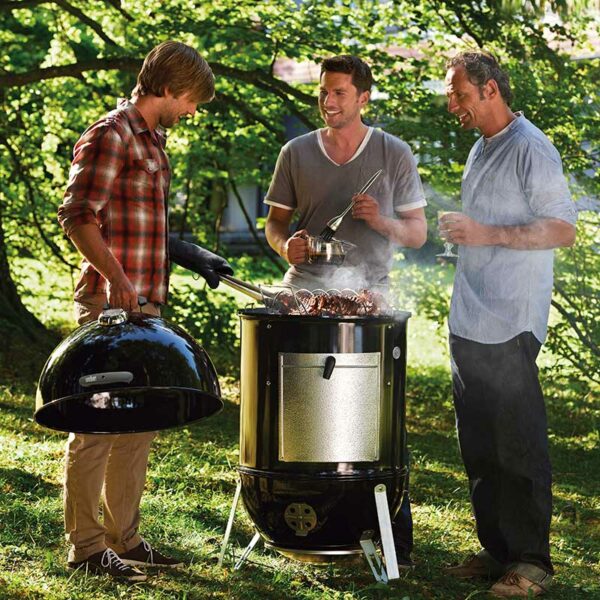 Weber Smokey Mountain Cooker Smoker 57cm in use with food