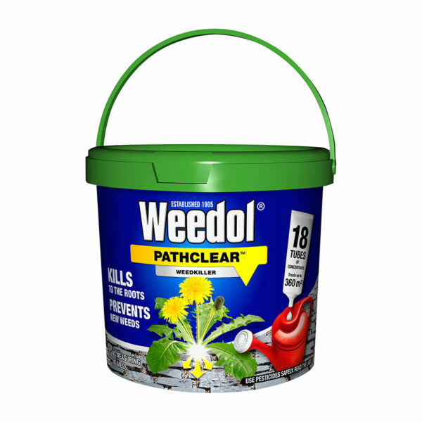 A blue tub of Weedol PathClear Weedkiller Concentrate Tubes containing 18 tubes. The tub has a green carry handle.