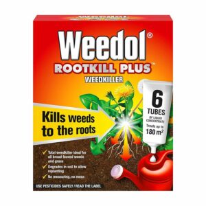 A red carton containing 6 tubes of Weedol Rootkill Plus Weedkiller Concentrate.