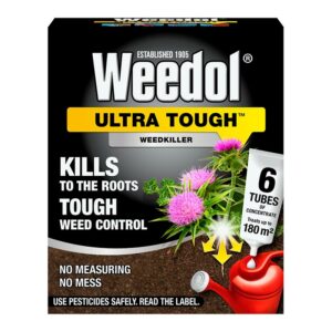 A black cardboard box of Weedol PathClear Weedkiller Concentrate Tubes containing 6 tubes.