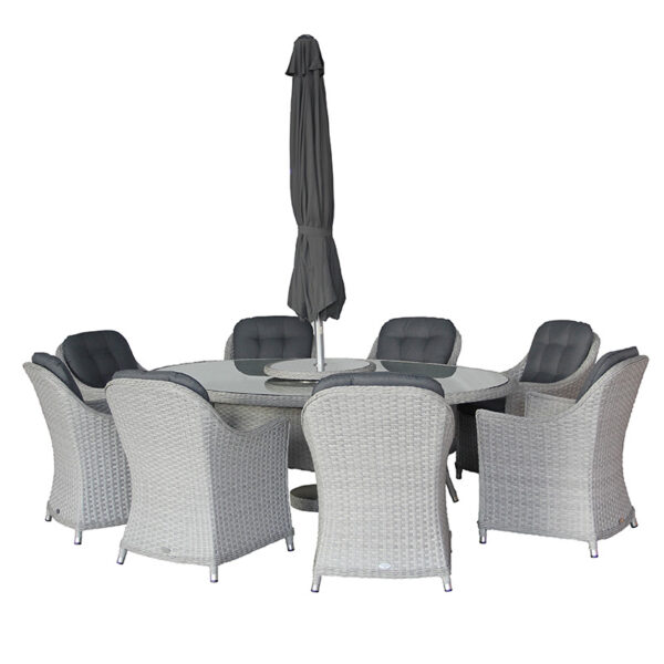 Wentworth 8 Seat Elliiptical Set in Pewter Rattan with closed Parasol