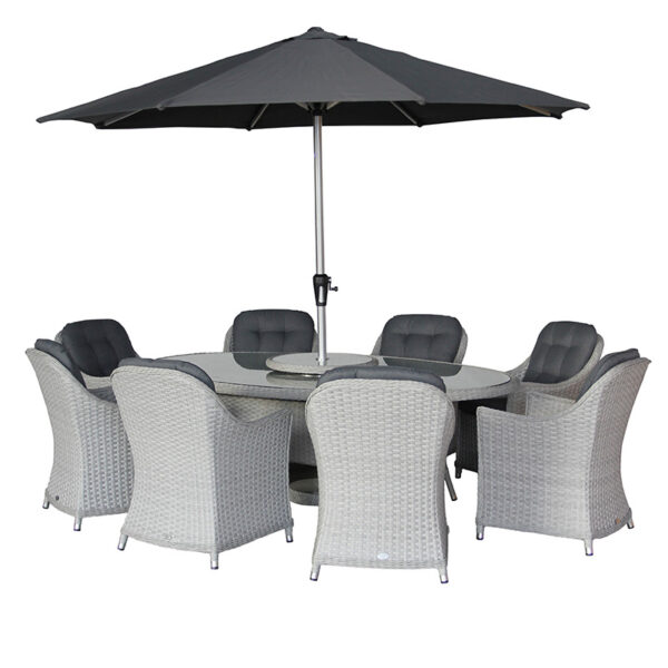 Wentworth 8 Seat Elliiptical Set In Pewter Rattan With Lazy Susan, Parasol & Base
