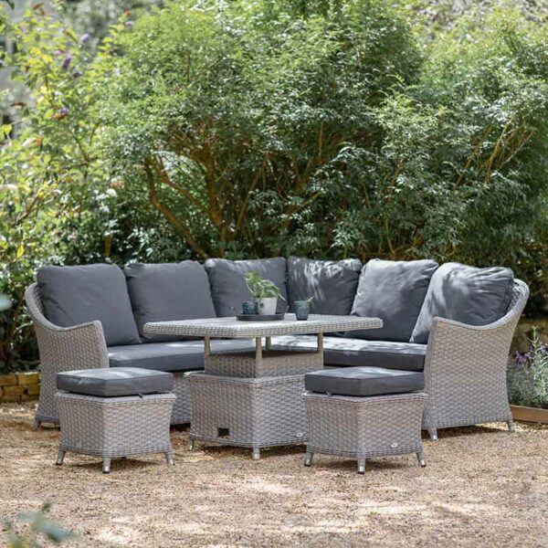 Bramblecrest Wentworth Mini Modular Set in Pewter Rattan showing table set high for dining