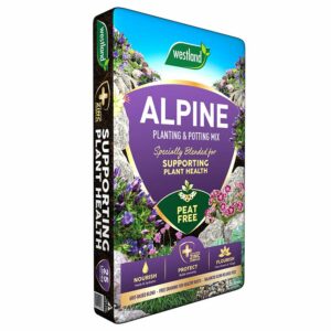 An angled view of a large 25 litre compost bag of peat free alpine planting and potting mix. The bag features large peat free text and images of thriving alpine plants.