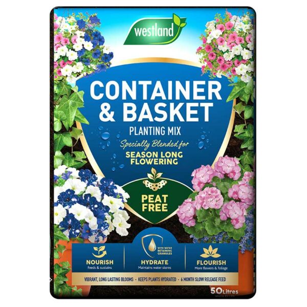 A large 50 litre compost bag of peat free container and basket planting mix. The bag features multiple blooms and snapshots of information about the compost.