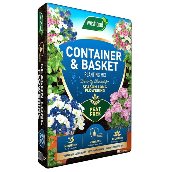 An angled view of a large 50 litre compost bag of peat free container and basket planting mix. The bag features multiple blooms and snapshots of information about the compost.