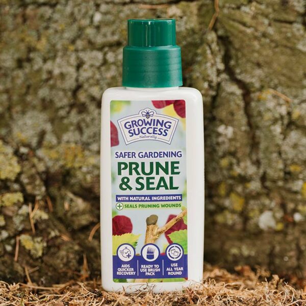 A white, 250ml screw capped bottle of Westland Growing Success Prune & Seal, sat outside against a tree.
