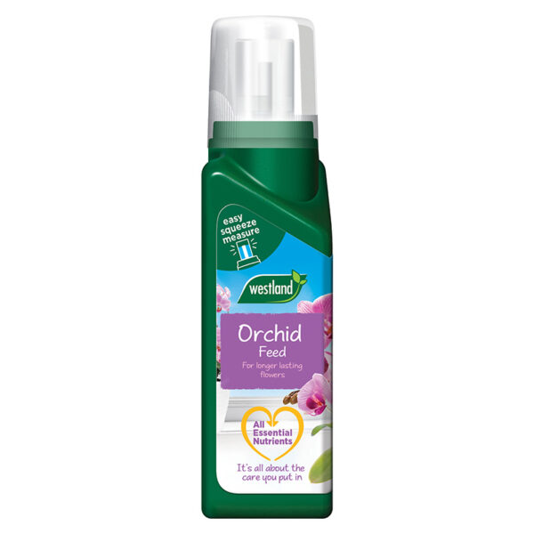 A green 200ml bottle of Westland Orchid Feed.